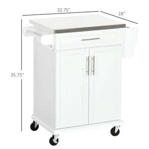 Kitchen Island on Wheels, Rolling Kitchen Cart with Stainless Steel Countertop, Drawer, Towel Rack and Spice Rack, Utility Storage Trolley, White