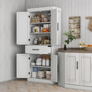 72" Tall Kitchen Cabinet, Kitchen Pantry Cabinet with Barn Doors, Drawer, 5-Tier Shelf and Adjustable Shelves, White