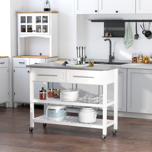 Kitchen Island with Stainless Steel Top, Traditional Kitchen Island with Storage, Butcher Block Cart 2-Tier Open Shelves, Drawers, White