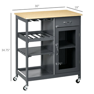 Rolling Kitchen Island with Storage, Kitchen Cart with 4-bottle Wine Rack, Bar Cart with Stemware Holder, Shelves, Drawer and Cabinet, Gray