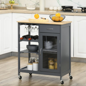 Rolling Kitchen Island with Storage, Kitchen Cart with 4-bottle Wine Rack, Bar Cart with Stemware Holder, Shelves, Drawer and Cabinet, Gray