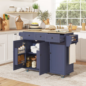 Kitchen Island on Wheels with Drop Leaf, Charging Station, Rolling Kitchen Cart with Wood Top, Adjustable Shelf, Blue